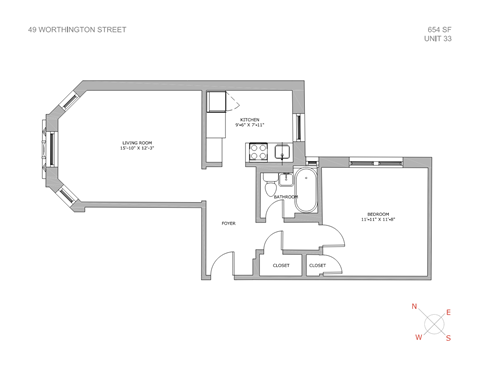Floor plan for 1 bed, 1 bath, 618 sqft